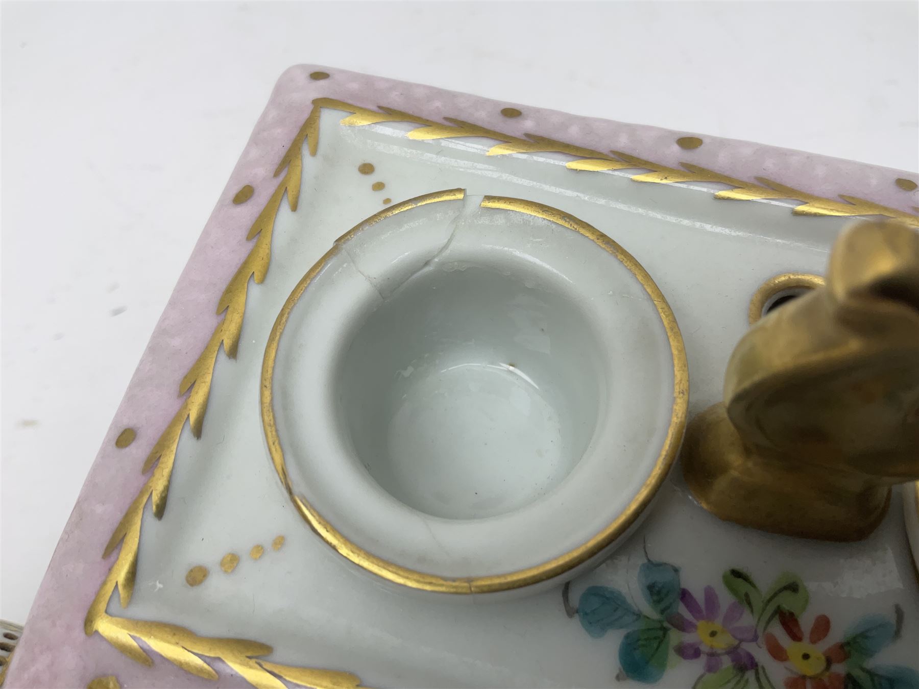 Limoges France hand painted ink well pot stand with lion paw feet, together with  pot pourri vase and cover in the shape of an egg raised on three scroll feet, ink well H14cm 