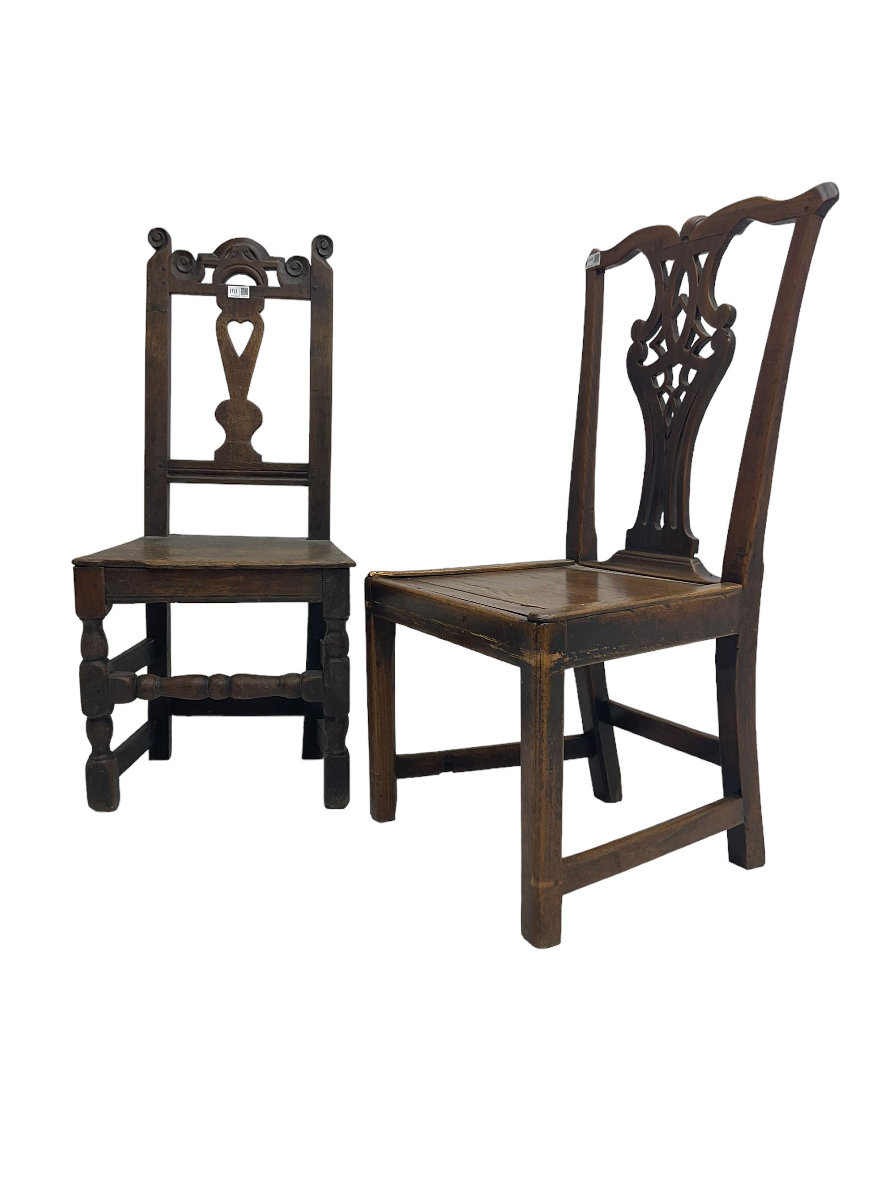 George III Chippendale design oak side chair, york cresting rail over pierced shaped splat back, solid seat raised on square supports (W52cm H93cm); 18th century oak side chair, scroll carved cresting rail with heart splat, panel seat raised on turned supports (W43cm H99cm)