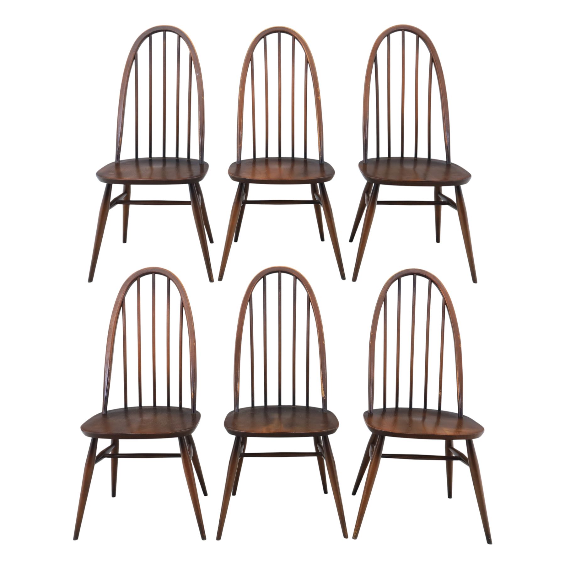 Ercol - set of six 'Quaker' dark elm chairs, high back hooped chairs, on tapering supports