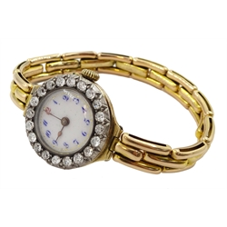  Edwardian 18ct ladies wristwatch, case by Stauffer, Son & Co, London import marks 1910, with old cut diamond bezel, on gold link expanding strap stamped 9ct  