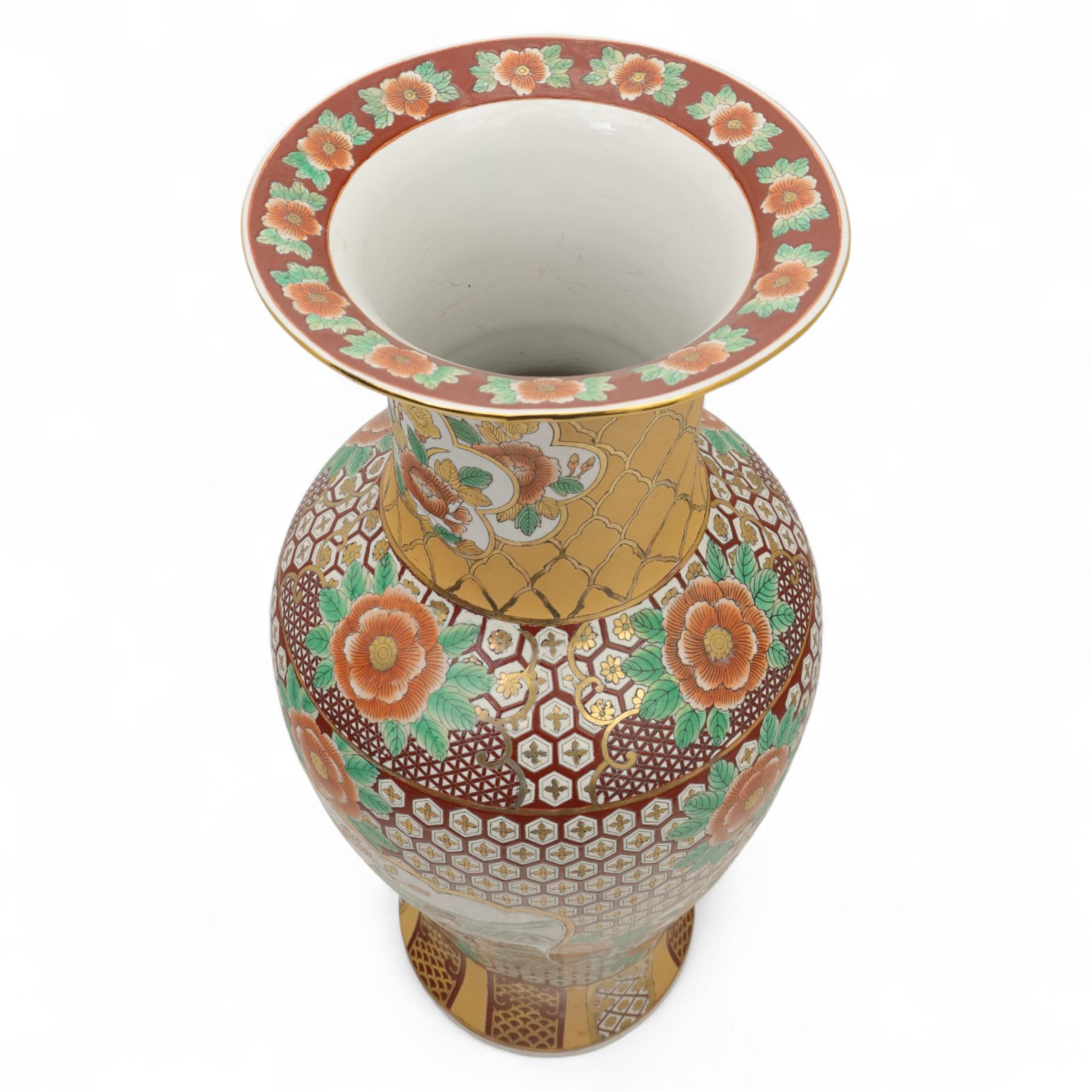 Floor vase, of baluster form with fluted rum, the central panel with figures in a landscape, within a geometric design, H95cm+ 