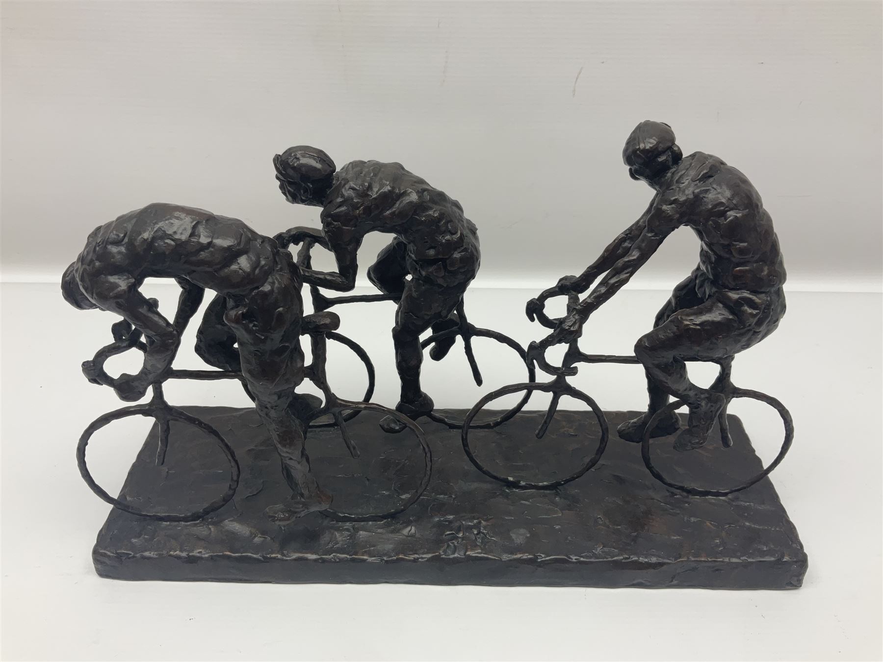 Grant Palmer; Wheels On Fire, limited edition bronze of cyclists, H21cm