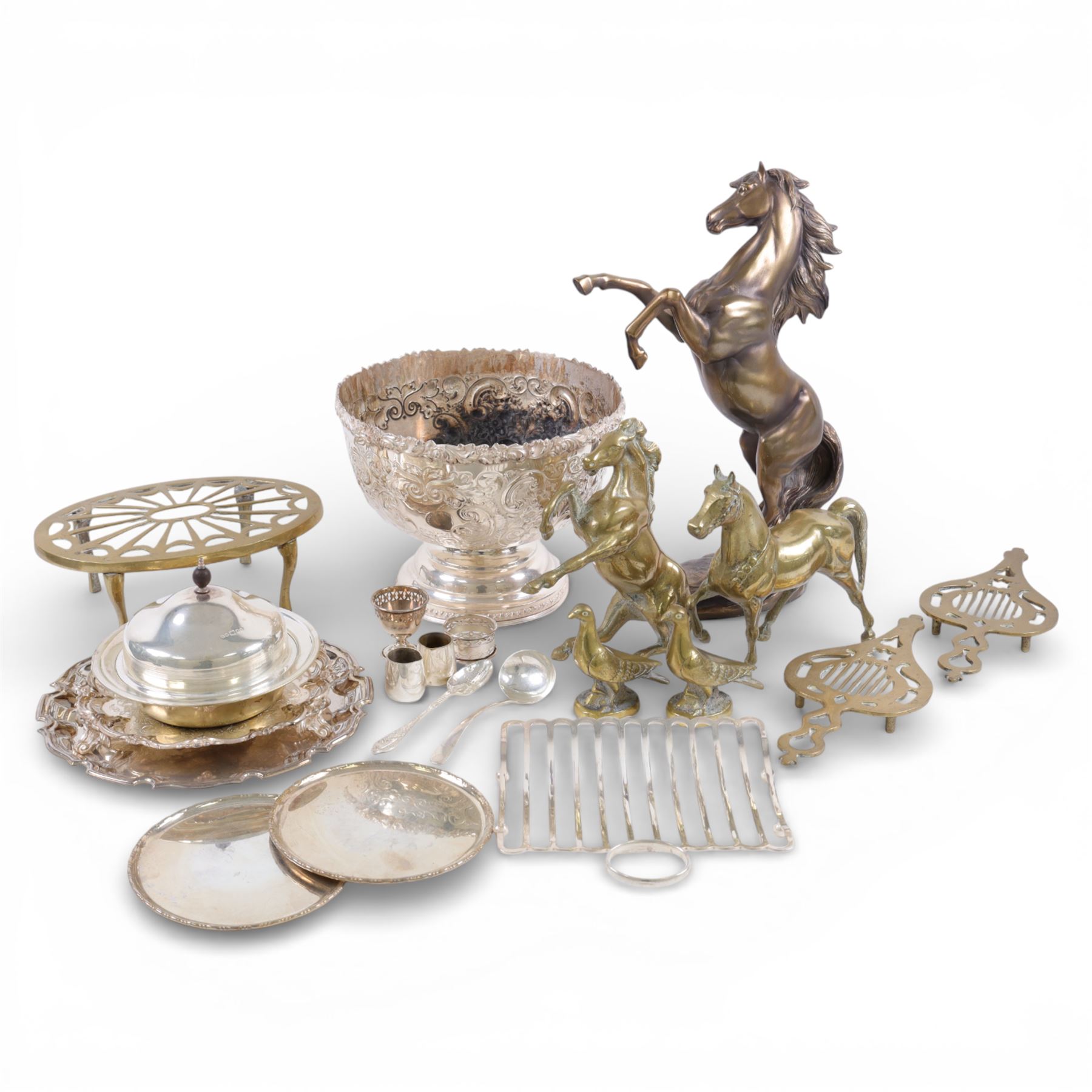 Silver plate footed bowl, together with salvers, brass animals and other metal ware 