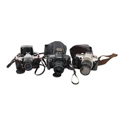 Three 35mm film SLR cameras, comprising Canon EOS 50E camera body with a Canon Ultrasonic ...