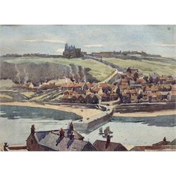 Ernest Denton (British 1891-1959): Whitby with view over Pier and Abbey, watercolour signed and dated '43, 25cm x 36cm