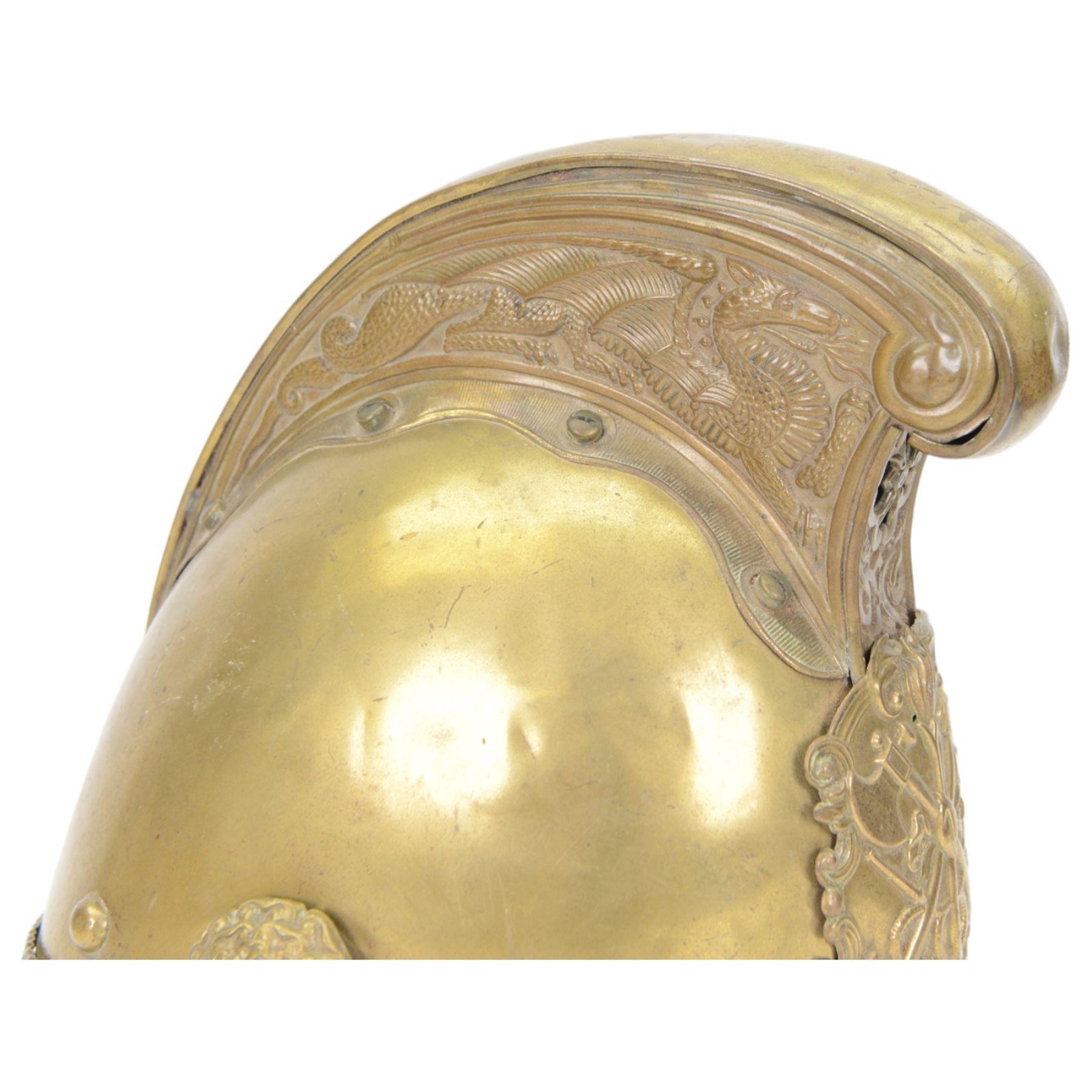 British fire brigade Merryweather pattern brass helmet, with a leather inner, and chain chin strap, H26cm