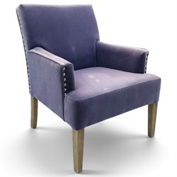 OKA - Sutcliff armchair, upholstered in purple velvet, chrome studded detailing, raised on...