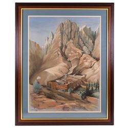 Penny Morgan (British 20th Century): 'Contemplation at Saint Catherine's Monastery under Mount Sinai', pastel signed and dated '98, titled verso 69cm x 52cm 