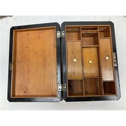 Walnut tea caddy of sarcophagus form, two division lidded interior with a later glass mixing bowl, upon four brass bun feet together with a walnut sewing box with mother of pearl inlaid decoration, tea caddy H16cm