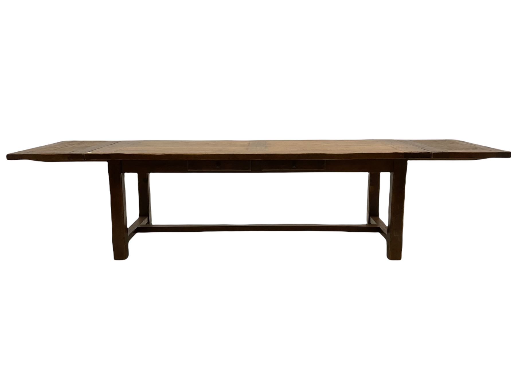 Antix French oak dining table with two leaves, two frieze drawers;, and six ladder back chairs with rush seats