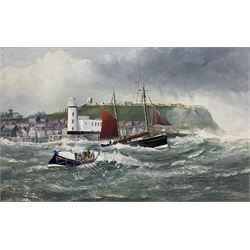 Robert Sheader (British 20th century): Scarborough Lifeboat at Day with Castle View, oil on board signed 38cm x 60cm