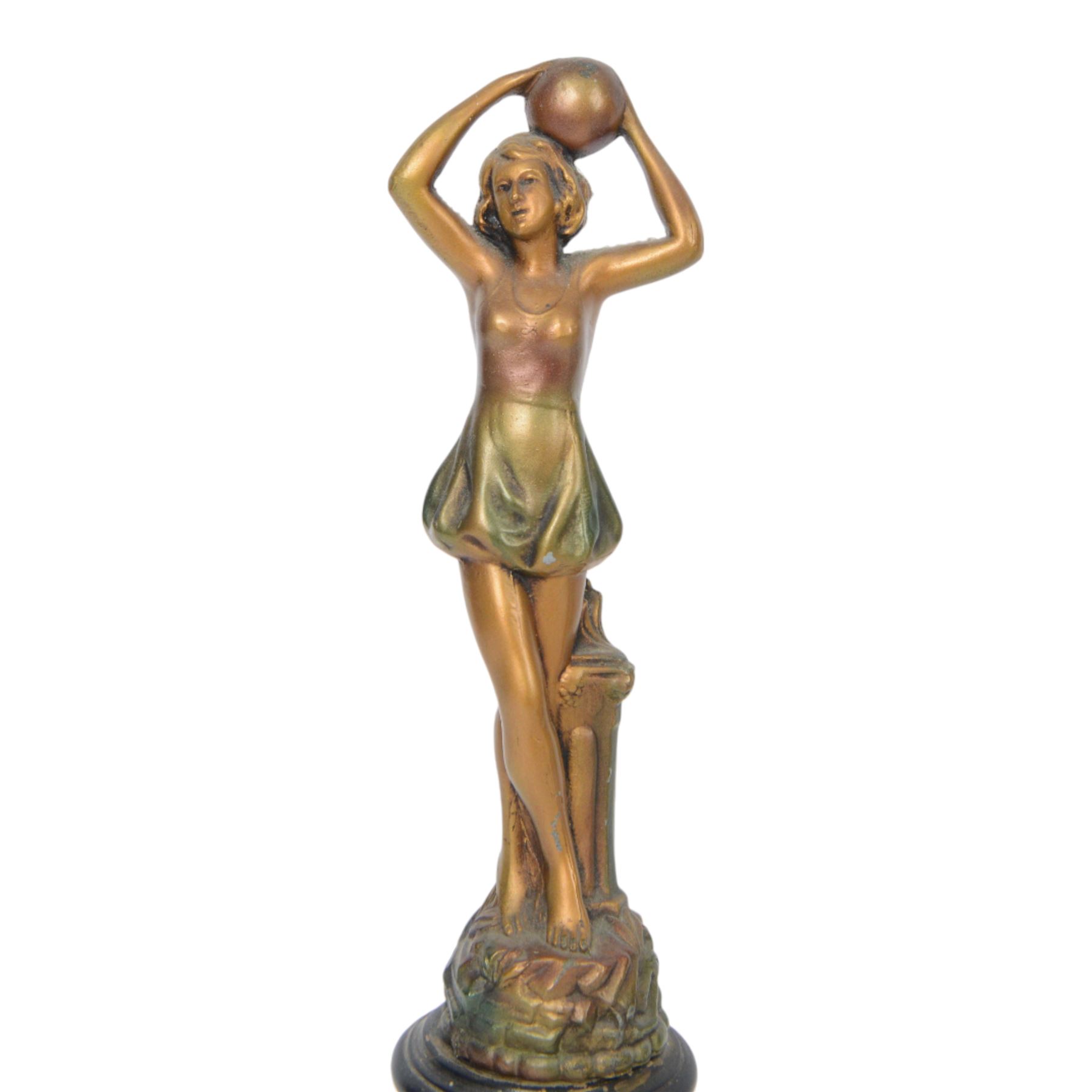 Four Art Deco style figures, modelled as dancers in various poses, finished in gilt and upon wooden plinths, H33cm