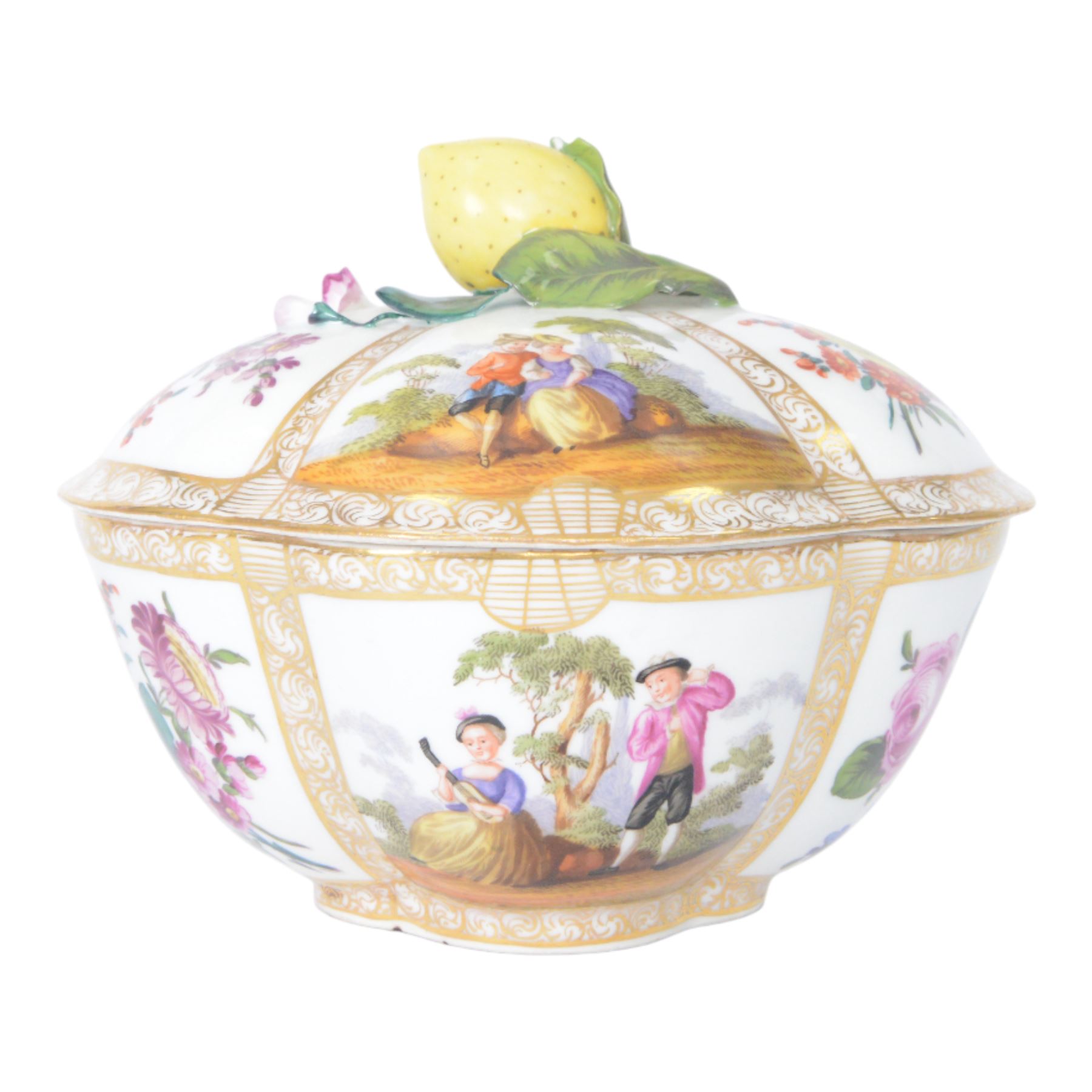 19th century Helena Wolfsohn for Dresden quatrefoil lidded bowl and stand, the panels decorated with figures in landscapes and floral sprigs, with a lemon finial to the lid, H18cm 