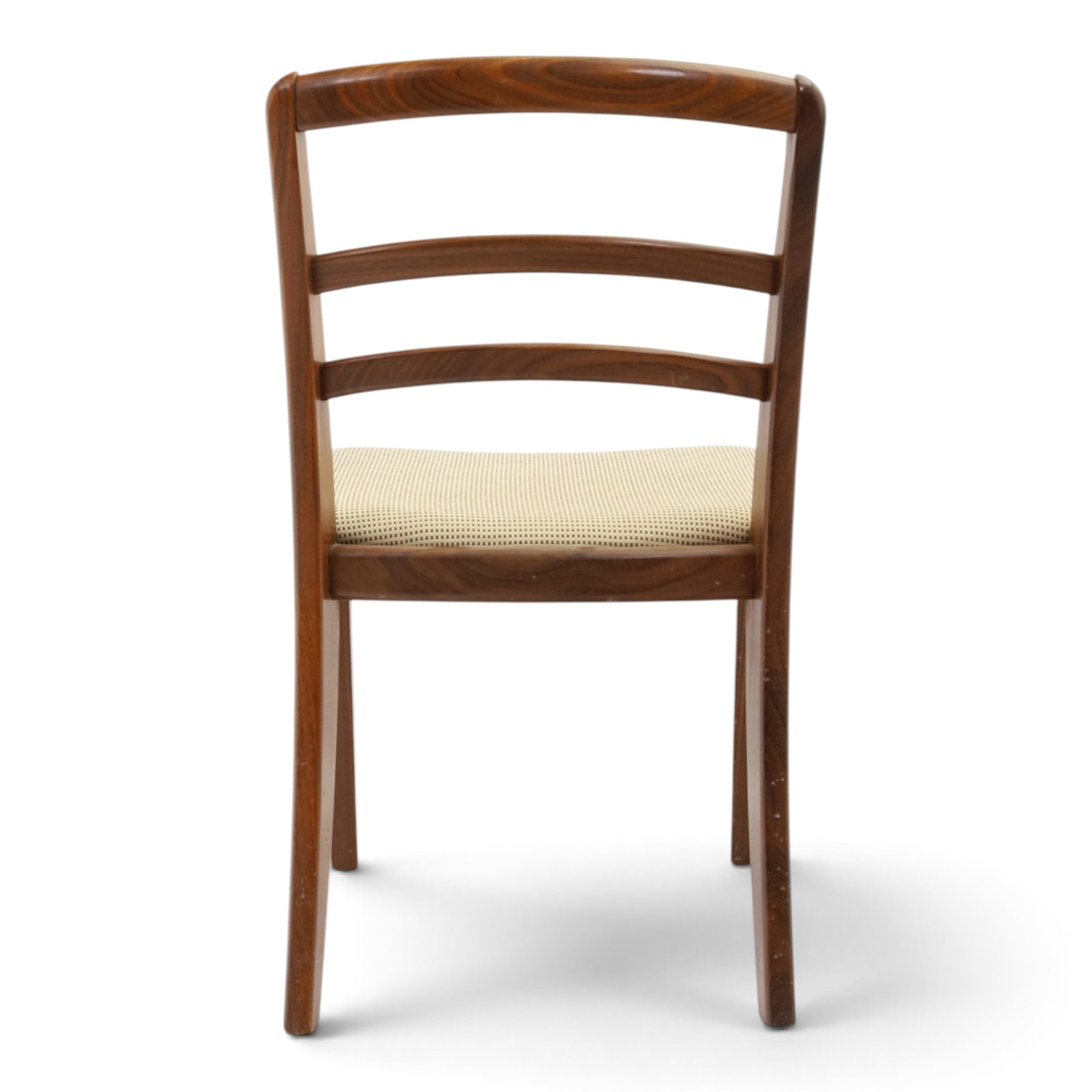 G-Plan - set of four mid-20th century teak 'Fresco' dining chairs, low ladder back on seats upholstered in chequered fabric, on square tapering supports