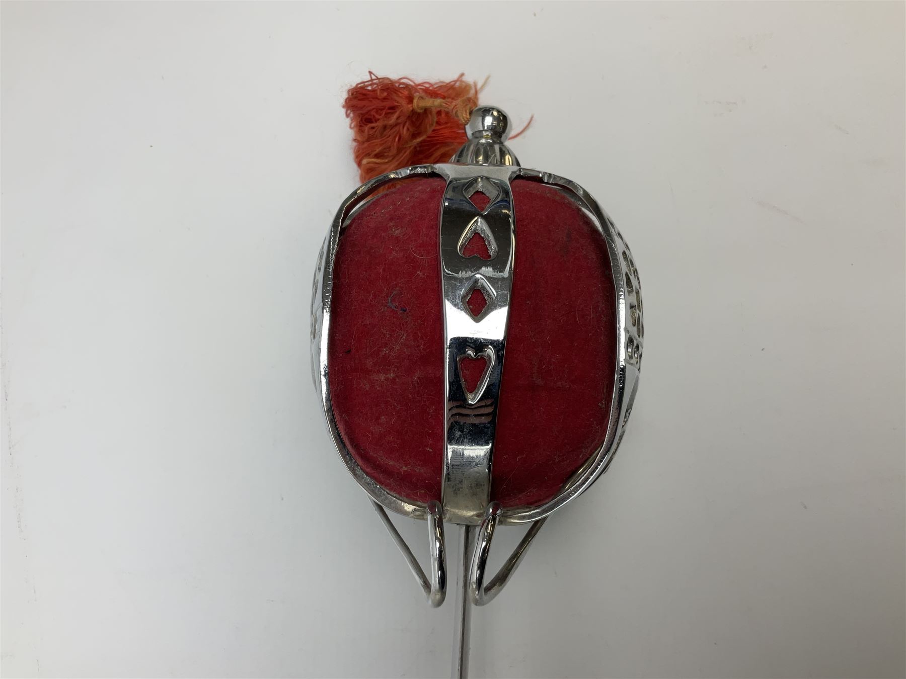 Reproduction Scottish basket hilted broadsword with 85cm double edged steel blade and red lined basket hilt with wire bound grip, in white metal mounted leather scabbard 107cm overall