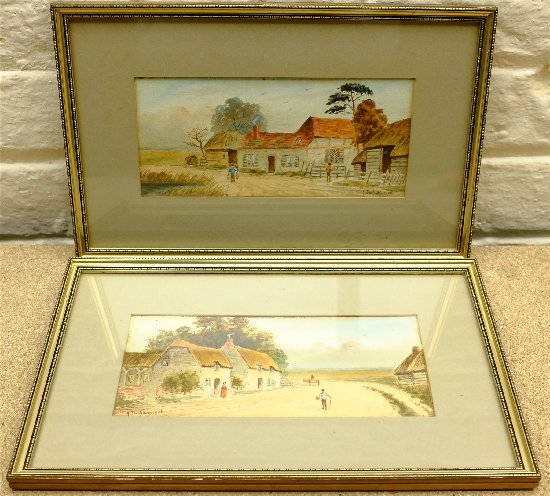 William Henry Hall (British 1812-1880): Rural Cottage, watercolour signed and dated '85, 11cm x 16cm; Alfred Durham: Village Scenes, pair watercolours signed and dated '06, 10cm x 23cm (3)