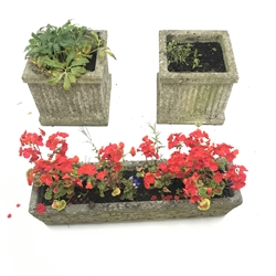  Pair square composite stone planters (W36cm, H36cm, D36cm) and a rectangular composite stone planter (W83cm, H19cm, D22cm) (3)  