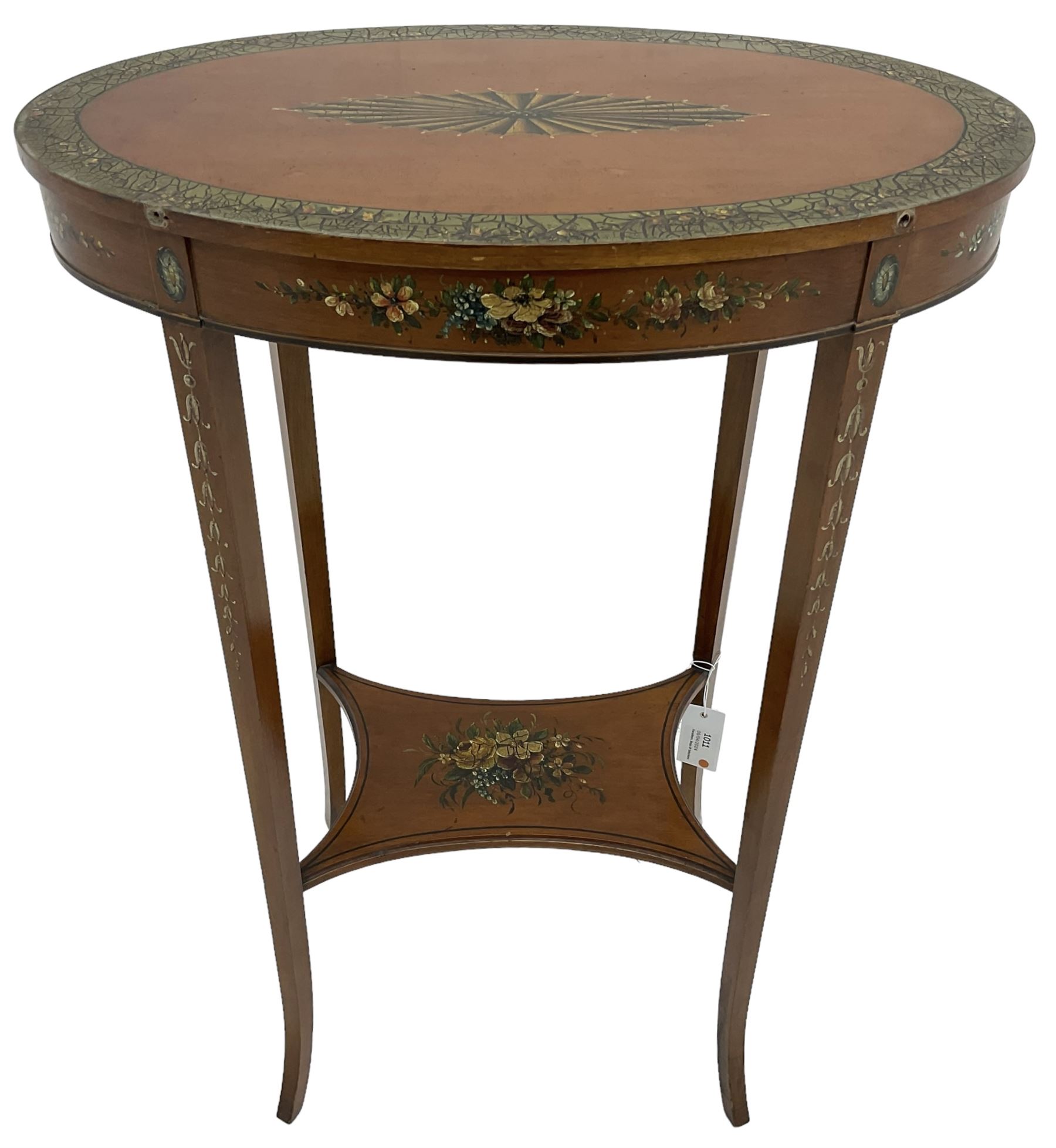 Edwardian satinwood side table, oval top hand painted with central fan motif and trailing flower heads, on square tapering supports terminating to out-splayed feet, united by moulded undertier 
