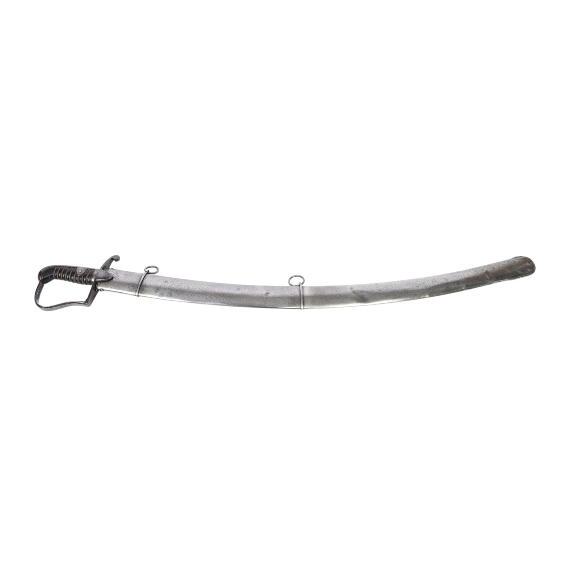 British 1796 pattern, light cavalry officers' saber, by Wooley, Deakin, Dutton of Birmingham, the 80cm single edge curved blade retaining traces of original blue and gilding which bears the coat of arms of George III and military trophies, the steel stirrup hilt with leather bound grip and original silver triple wire binding, within steel scabbard with twin suspension rings, overall L98cm  