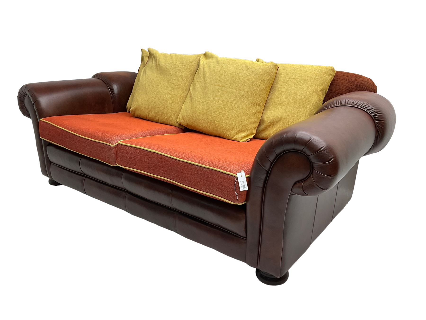 Gainsborough Lounge Suites - three piece leather and fabric lounge suite - pair two seat sofas (W225cm, H82cm, D105cm), and matching armchair (W88cm), on turned front feet with scatter cushions