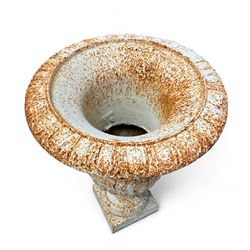 Pair of Victorian design painted cast iron garden urns, egg and dart rim, tapering column on pedestal base