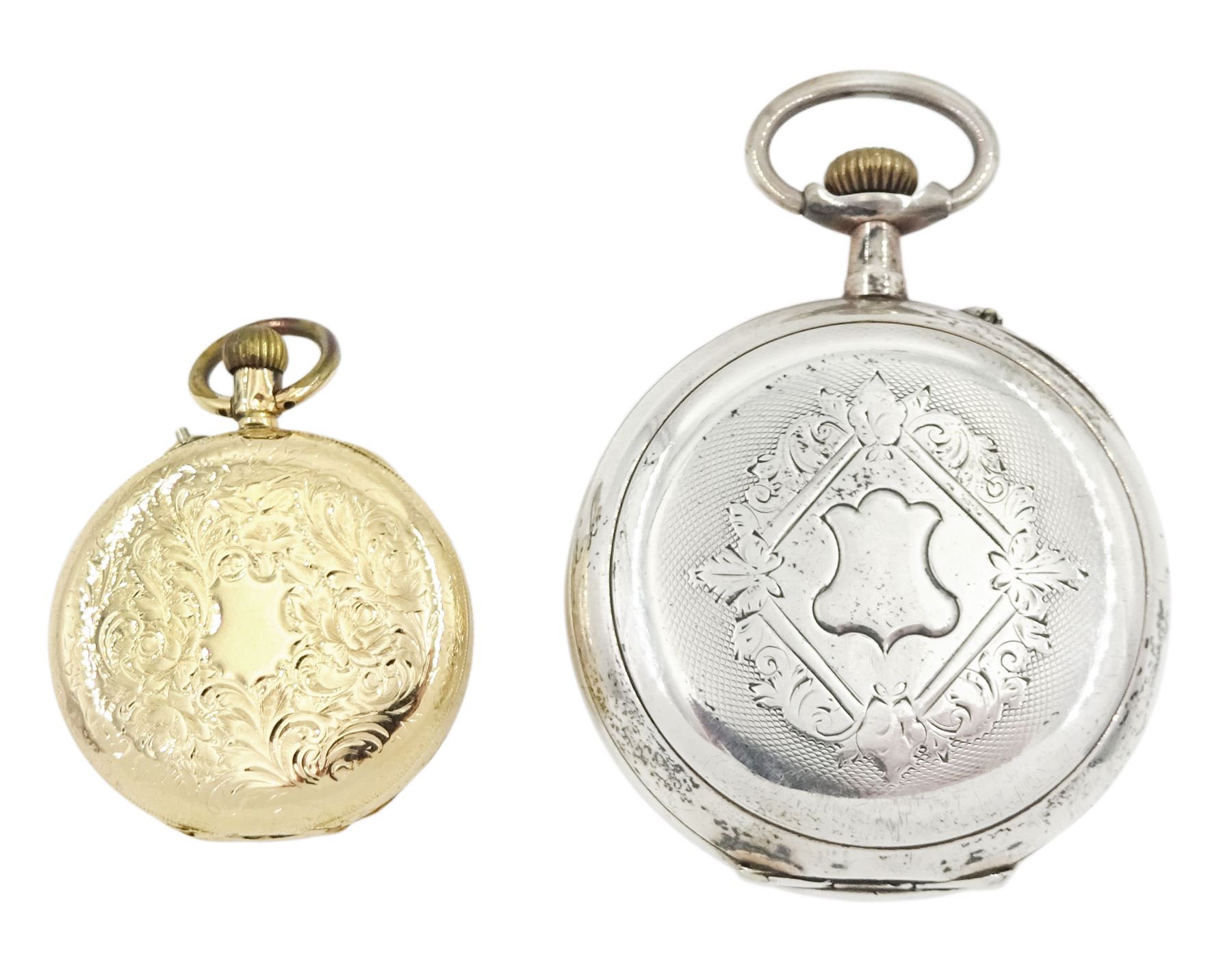 Early 20th century 14ct gold keyless lever pocket watch and Swiss silver keyless pocket watch, stamped, white dial with Roman numerals and subsidiary seconds dial, hallmarked
