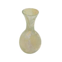 Two Roman glass funerary items, circa 1st century AD, comprising lachrymatory or tear bottle and glass unguentarium, tear bottle H10cm, unguentarium bottle H12cm
teardrop bottles were used by hired mourner to collect the tears at a funeral for the departed, unguentarium bottles housed oils or perfumes for the departed in the afterlife
By vendors repute items discovered in the Dead Sea area of the Holy Lands in the 1960s
