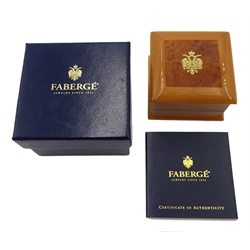 Victor Mayer for Faberge 18ct gold and blue guilloche enamel pendant, hinged lid revealing chick within, limited edition No.617/1000 reference No. F-1817 OB, stamped 750, boxed with certificate of authenticity 

[image code: 6mc]