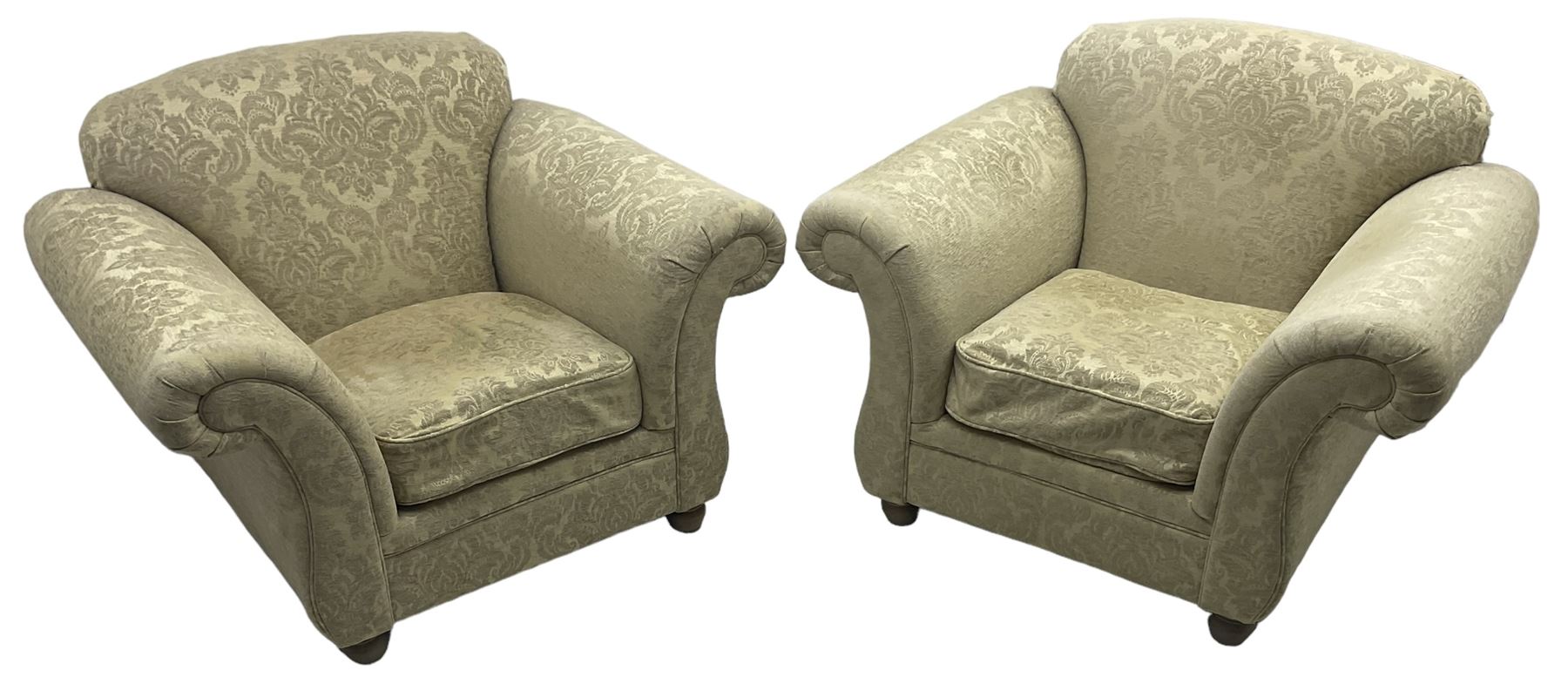Traditional design three-piece lounge suite - three-seat sofa (W220cm, H90cm, D90cm); two armchairs (W115cm); and two footstools (77cm x 43cm, H31cm); upholstered in cream damask fabric