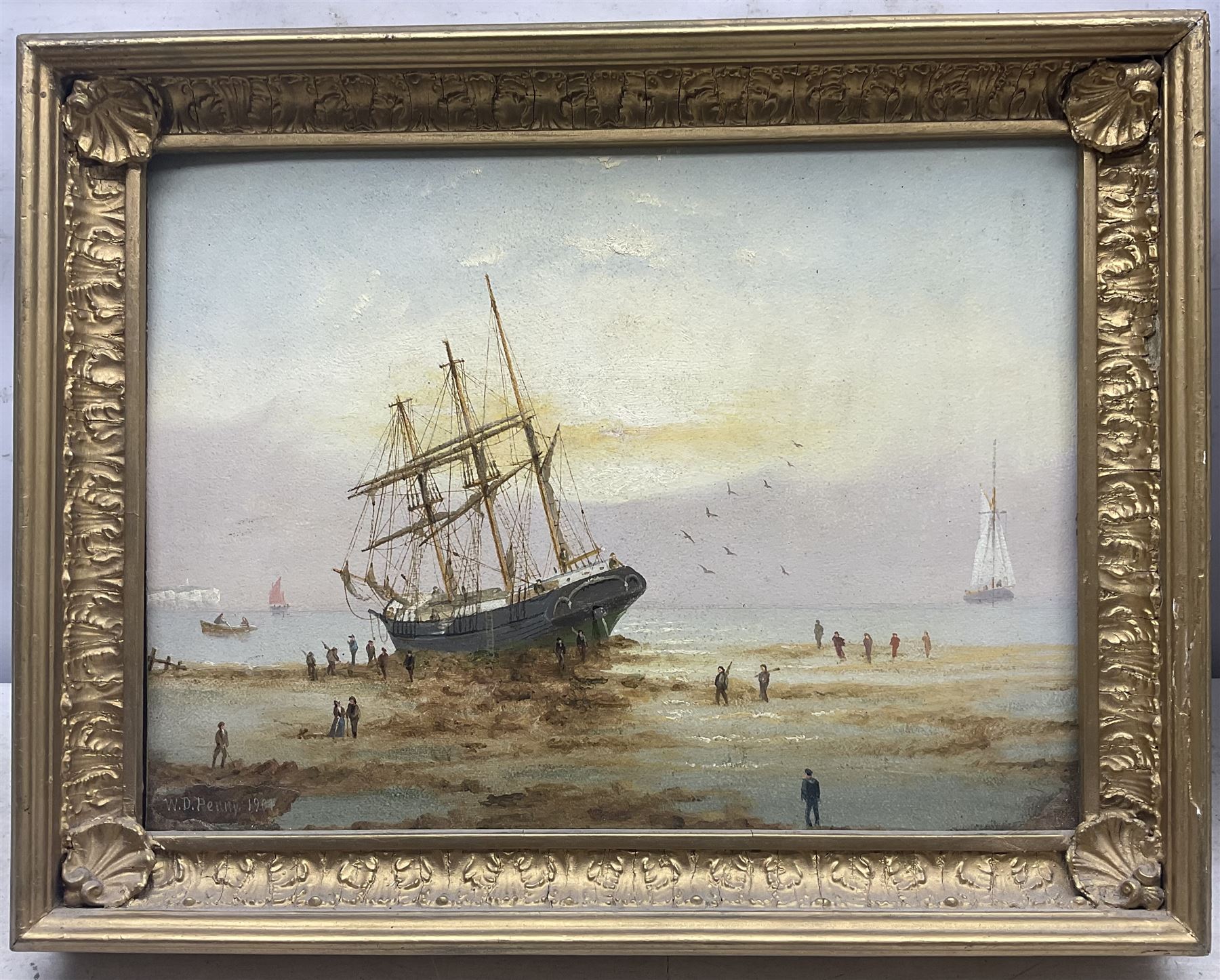 William Daniel Penny (British 1834-1924): Beached Ship near Flamborough Head, oil on board signed and dated 1904, 29cm x 40cm 