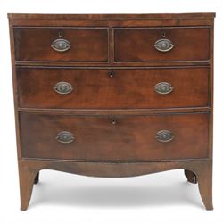 19th century small bow fronted mahogany chest, fitted with two short and two long drawers, raised on shaped bracket feet