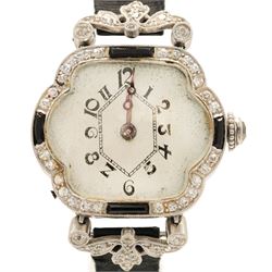 Art Deco French ladies platinum black onyx and diamond manual wind wristwatch, silvered / white dial with Arabic hour markers, old cut diamonds and onyx set bezel, diamond set lugs and crown, case No. 80639, hallmarked