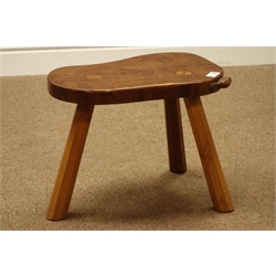  'Beaverman' three legged oak stool with shaped figured burr top, Colin Almack of Sutton-under-Whitestonecliffe, W40cm, H31cm  