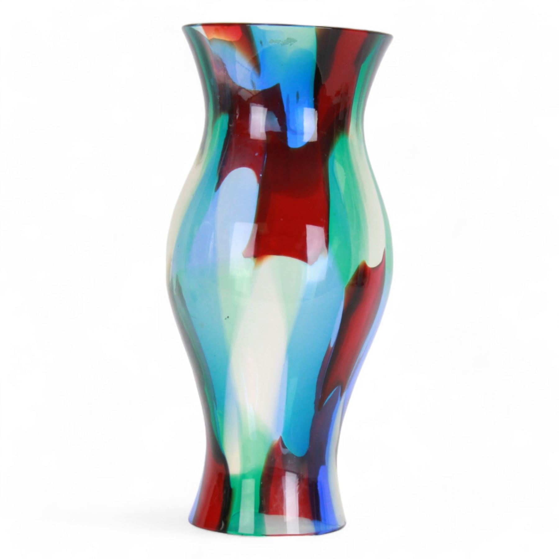 Italian mid century glass shade probably by Fulvio Bianconi (Italian, 1915–1996), decorated in the 'Pezzato' design, in green, blue and red colourway, unsigned, H31.5cm 