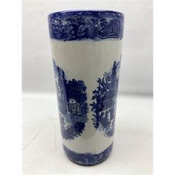 Victoria Ware blue and white umbrella stand, decorated with transfer print decorated with city scape, H43cm