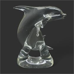 After Oscar Zanetti - Two Murano glass rearing horses with aventurine details to mane tail and hooves, larger 35cm and a Murano dolphin H24cm (3)