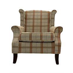 Pair of wing back armchairs, upholstered in beige check fabric