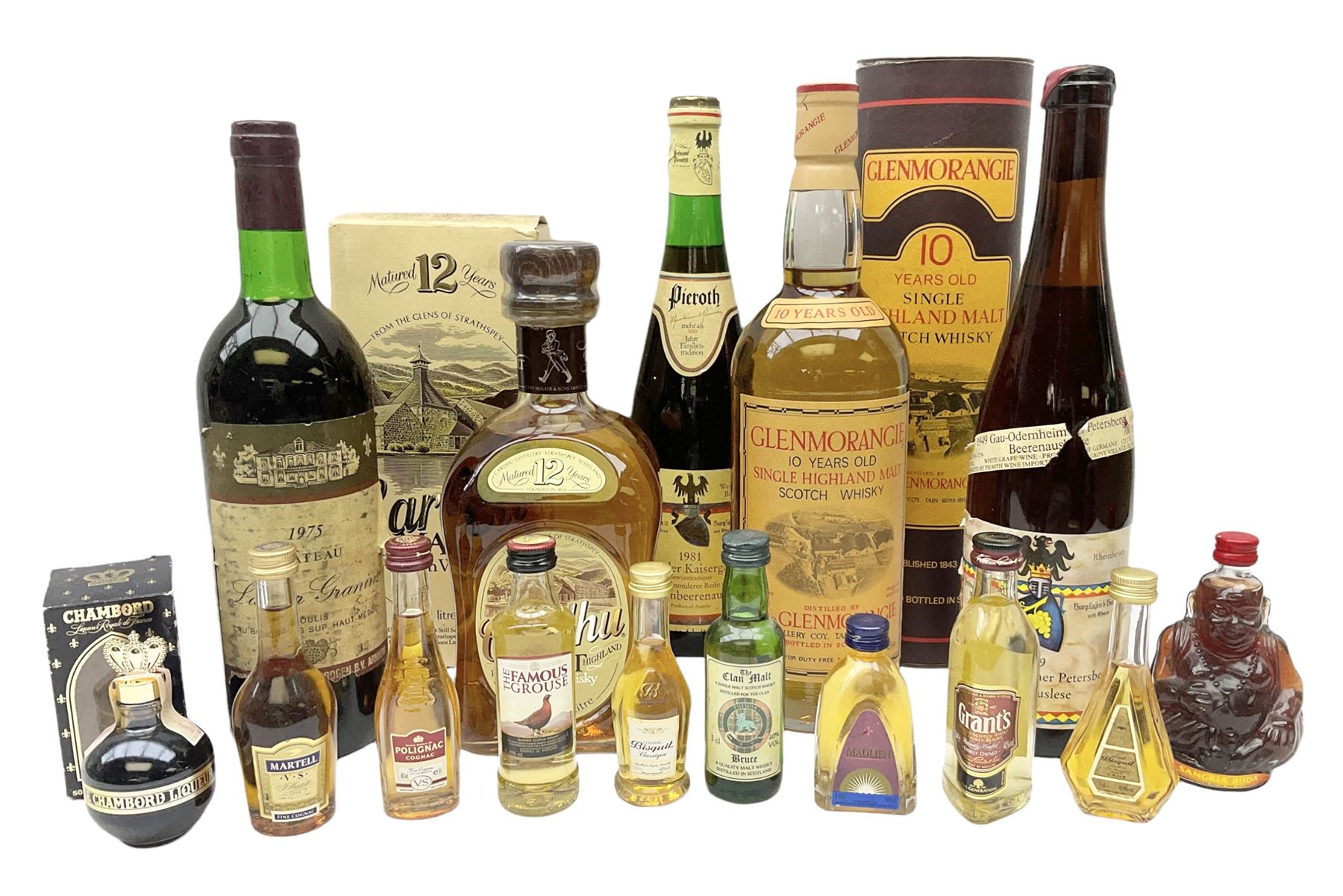 Mixed alcohol to include Glenmorangie 10 years old single Scotch whisky, Cardhu 12 year old Malt whisky, Ferdinand Pieroth 1949 Gau-Odernheimer Petersberg Beerenauslese, etc various contents and proofs