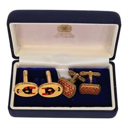 Three pairs of silver cufflinks, comprising jockeys cap pair, Halcyon days teddy bear enamel pair and a 1995 enamel pair, together with two other pairs of novelty cufflinks