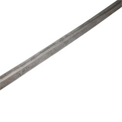 WWI Prussian Artillery Officer's dress sword, with 83cm single edge fullered steel blade, brass stirrup hilt, the langet with crossed cannon barrels and a vacant shield cartouche, the curved knuckle bow cast with acorns and oak leaves, wire bound grip and lion head pommel, with steel scabbard, overall L100cm