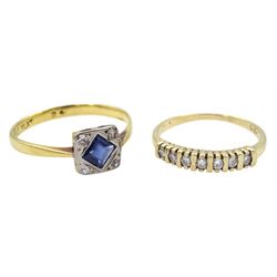 Art Deco gold and platinum diamond and synthetic sapphire ring stamped 18ct Plat and a 9ct gold seven stone diamond ring, total diamond weight 0.20 carat