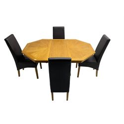 Oak octagonal extending dining table with additional leaf, octagonal pedestal base with fluting (150cm x 105cm x 76cm), and set four high back dining chairs upholstered in chocolate brown faux leather on square tapering supports (47cm x 54cm x 102cm)
