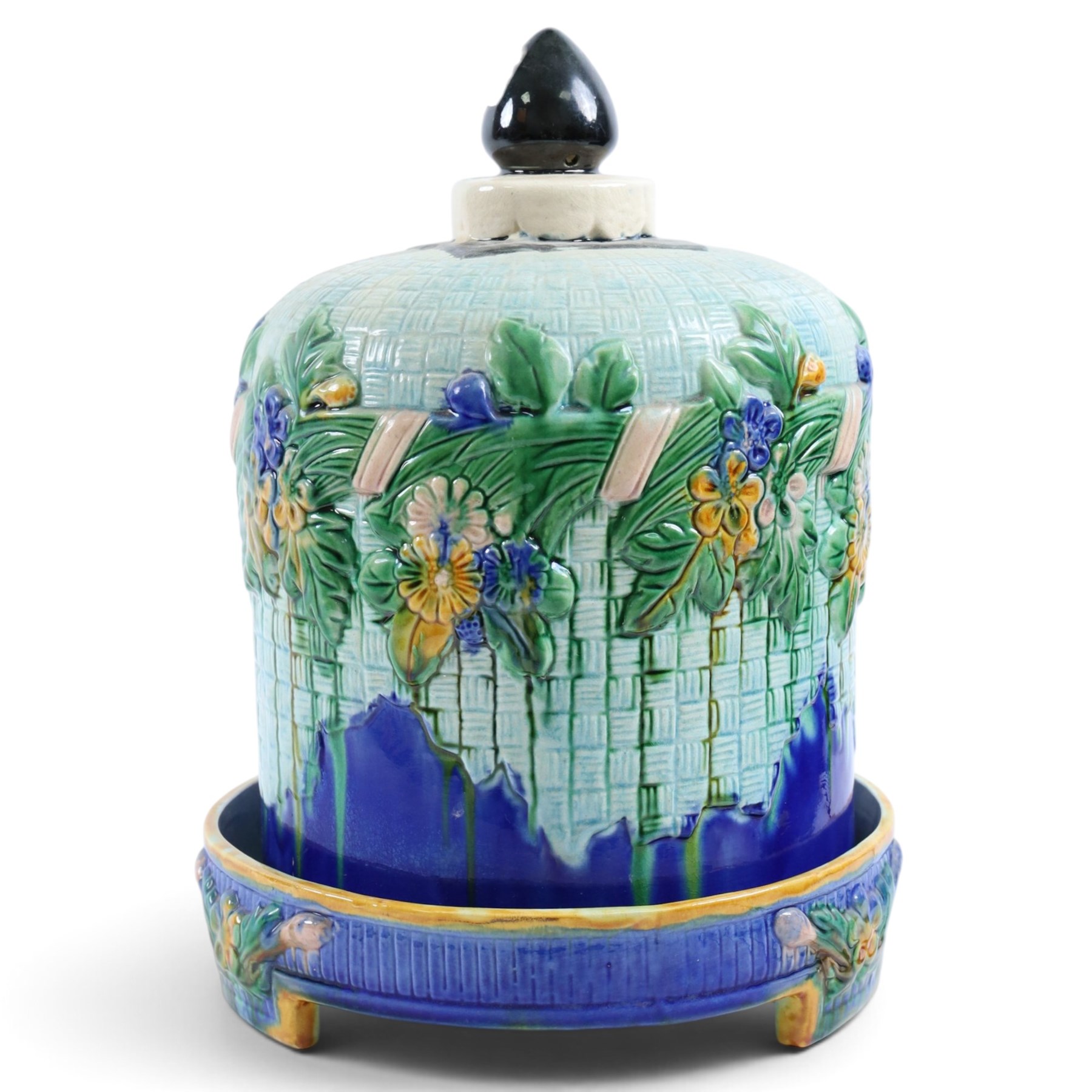 Majolica cheese dome, decorated in relief with floral sprigs, H32cm