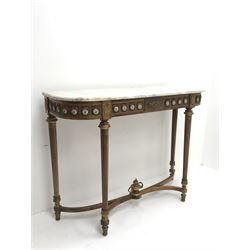 French style marble top demi lune side table, turned and reeded tapering supports joined by shaped stretcher with central finial