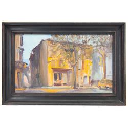 Catherine Tyler (British 1949-): 'Place La Republic - Quillan - Pays de Laude' oil on board signed and dated '91, inscribed on artist's label verso 27cm x 45cm