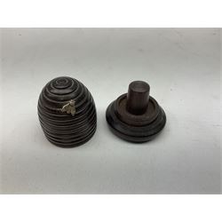19th century wooden beehive thimble holder with silver bee decoration, black forest style pin cushion and thimble holder, modelled in the form of a standing bear and a wooden cased sewing set with silver thimble, sewing set H10cm