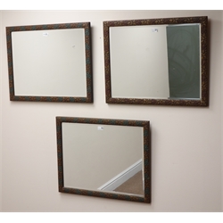  Set three moulded gilded and coloured framed bevel edge mirrors, W67cm, H52cm  