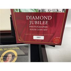 Mostly commemorative coins including The Royal Mint 1997 proof coin collection, Westminster 2013 'The Royal Baby Photographic 65mm' coin, Jubilee Mint 2017 'The Queen Elizabeth II Sapphire Jubilee' five pound coin collection etc