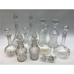 Five pairs of glass decanters, to include a pair of Georgian triple ring neck decanters with spire stoppers, late cut examples, with two spare stoppers, max H37