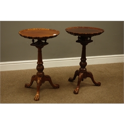  Pair Georgian style mahogany wine tables, pie crust tilt top with bird cage action, turned column, splayed acanthus carved legs, D40cm, D64cm  